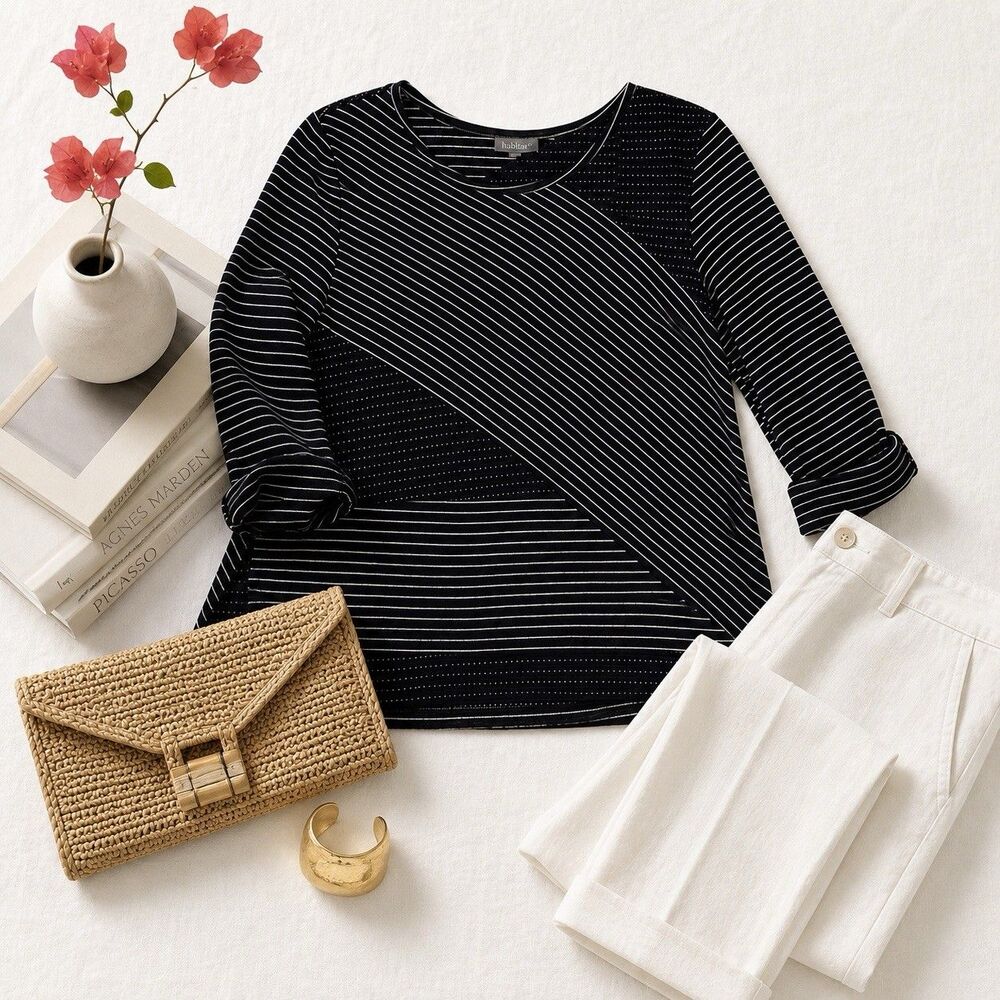 Habitat Black White Patchwork Stripe Top Cotton Rayon Art To Wear Large L